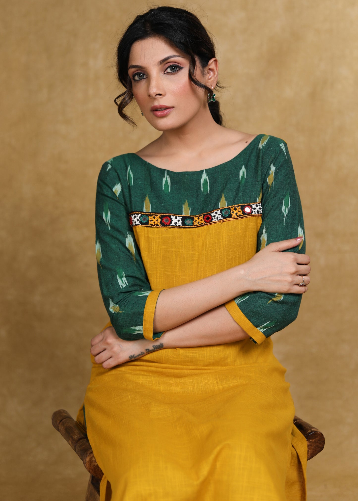 Elegant Cotton Ikat Combination Kurti Highlighted with Mirror Lace