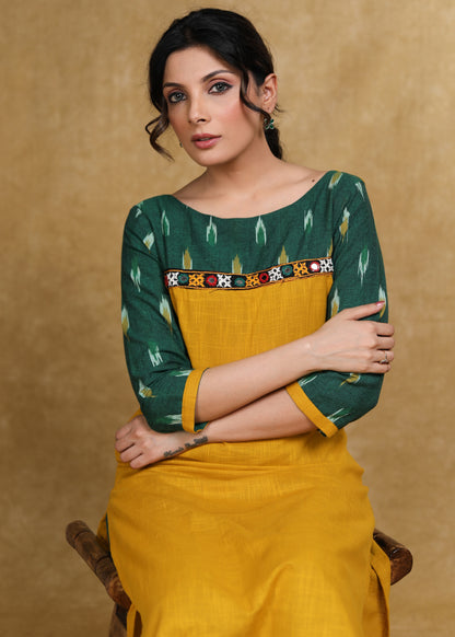 Elegant Cotton Ikat Combination Kurti Highlighted with Mirror Lace
