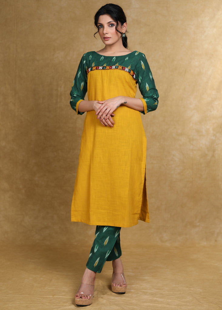 Elegant Cotton Ikat Combination Kurti Highlighted with Mirror Lace