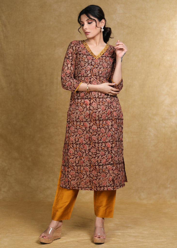Pure Kalamkari Straight Cut Kurti with Pearls on the Neck