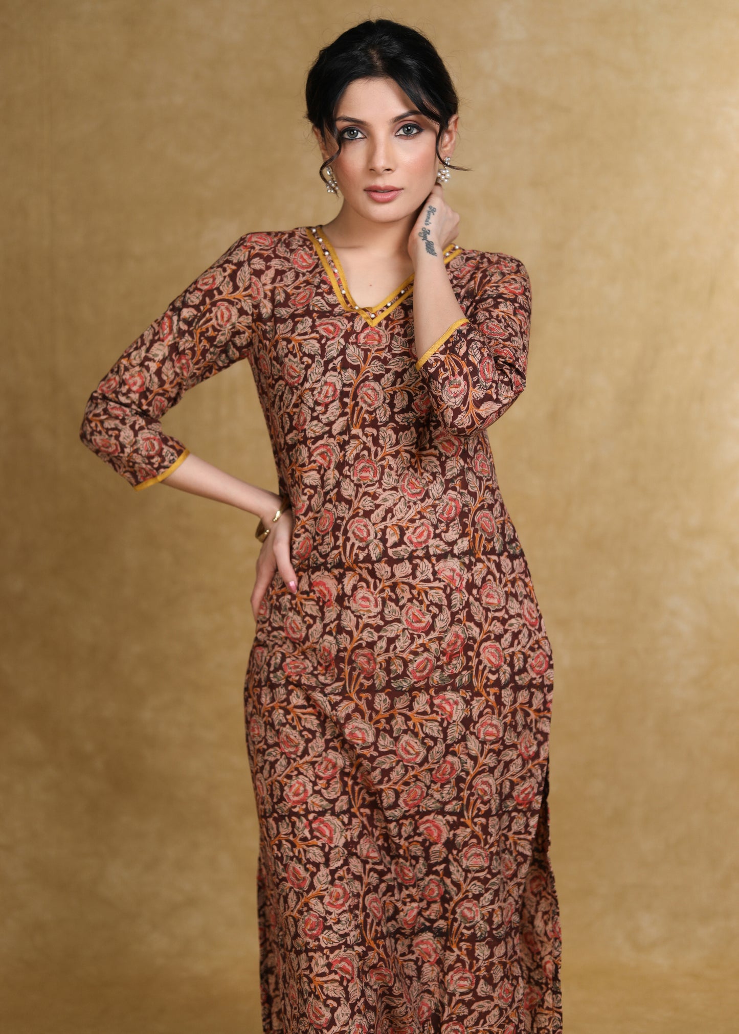 Pure Kalamkari Straight Cut Kurti with Pearls on the Neck