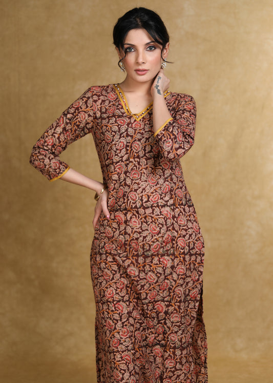 Pure Kalamkari Straight Cut Kurti with Pearls on the Neck