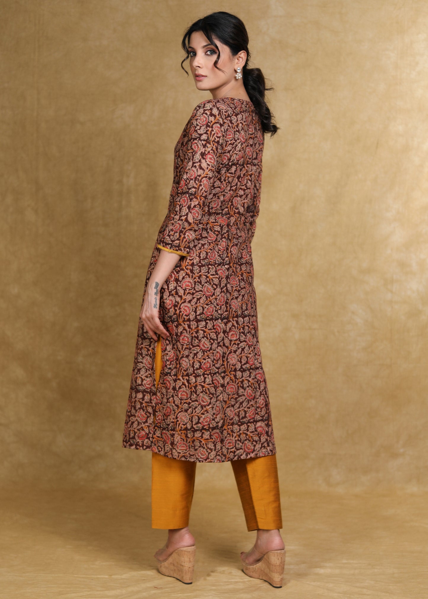 Pure Kalamkari Straight Cut Kurti with Pearls on the Neck