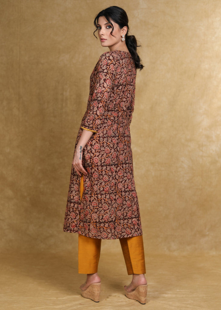 Pure Kalamkari Straight Cut Kurti with Pearls on the Neck