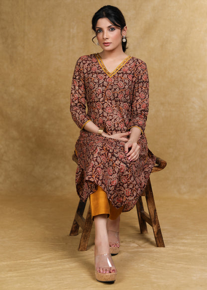 Pure Kalamkari Straight Cut Kurti with Pearls on the Neck