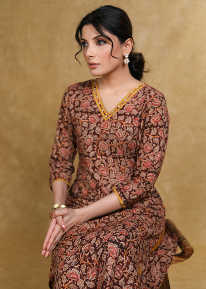 Pure Kalamkari Straight Cut Kurti with Pearls on the Neck