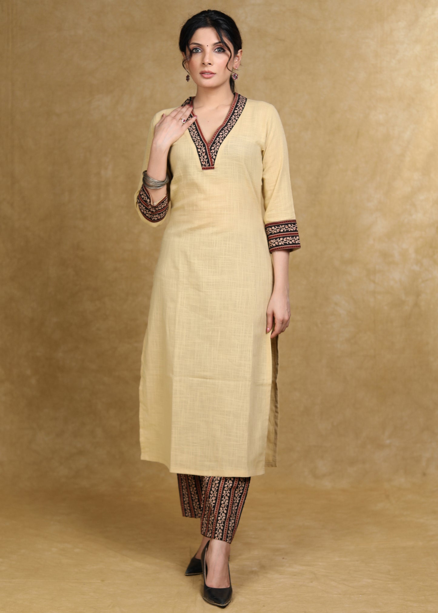 Classy Light Caramel Cotton Kurta with Ajrakh Combination