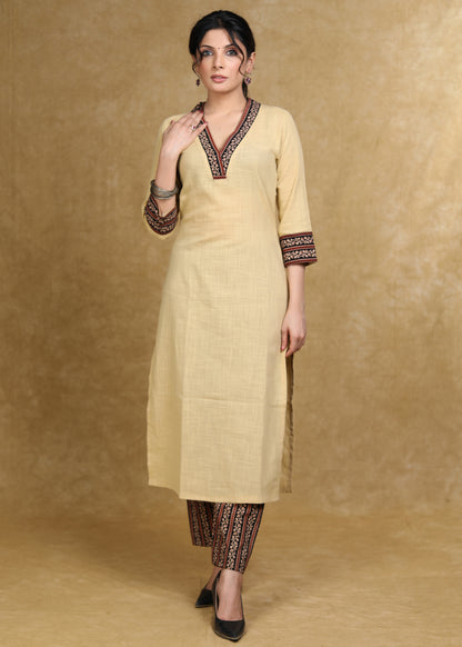 Classy Light Caramel Cotton Kurta with Ajrakh Combination