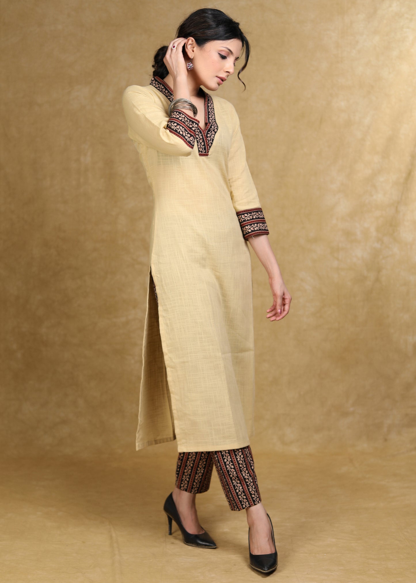 Classy Light Caramel Cotton Kurta with Ajrakh Combination