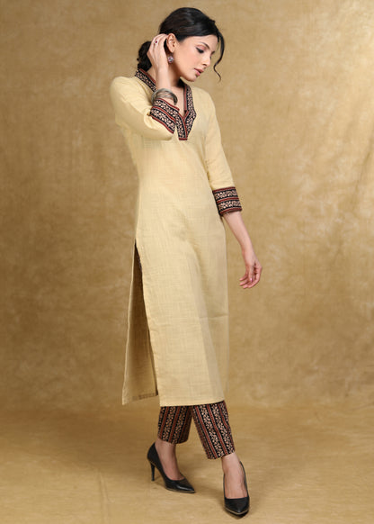 Classy Light Caramel Cotton Kurta with Ajrakh Combination