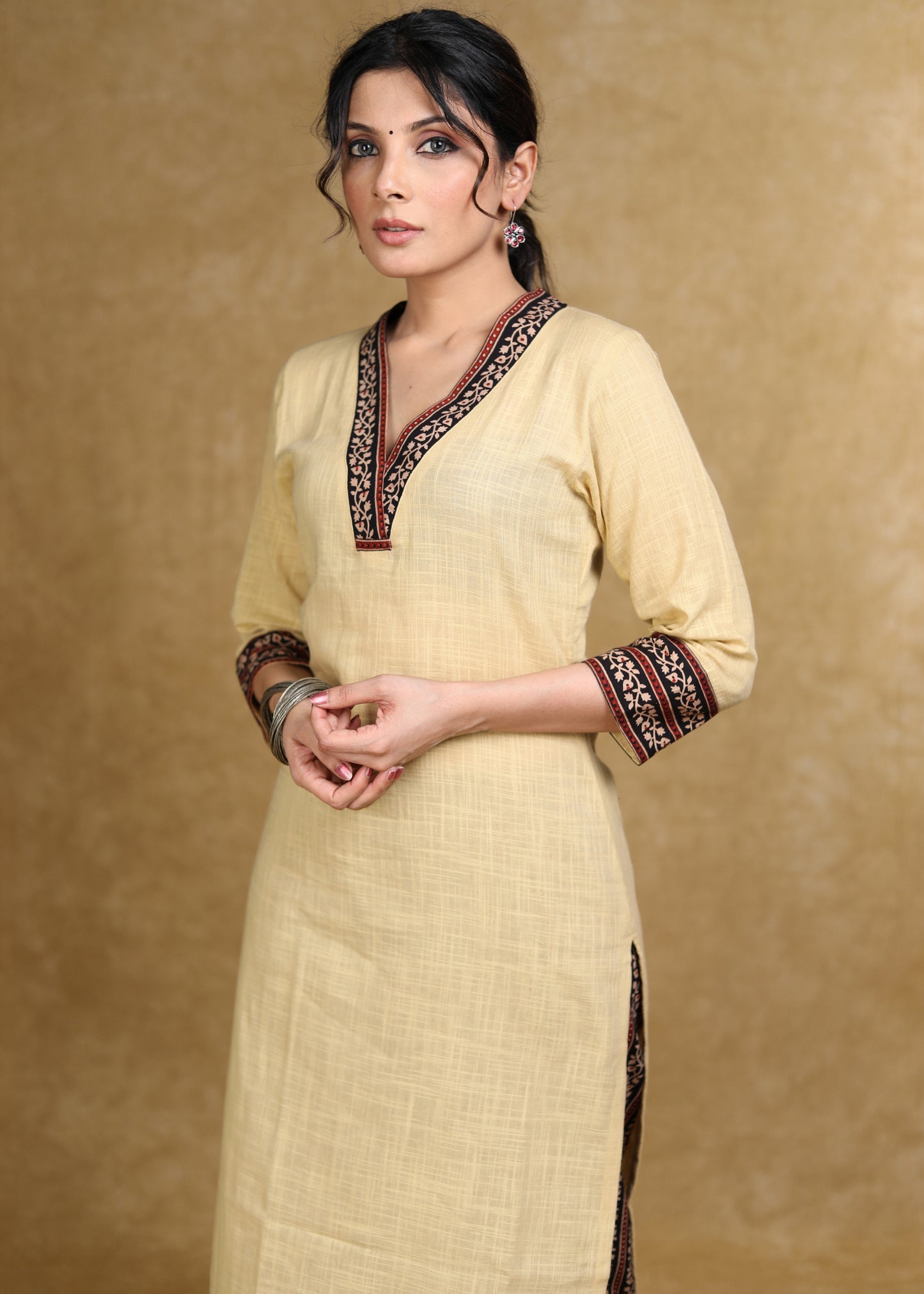 Classy Light Caramel Cotton Kurta with Ajrakh Combination