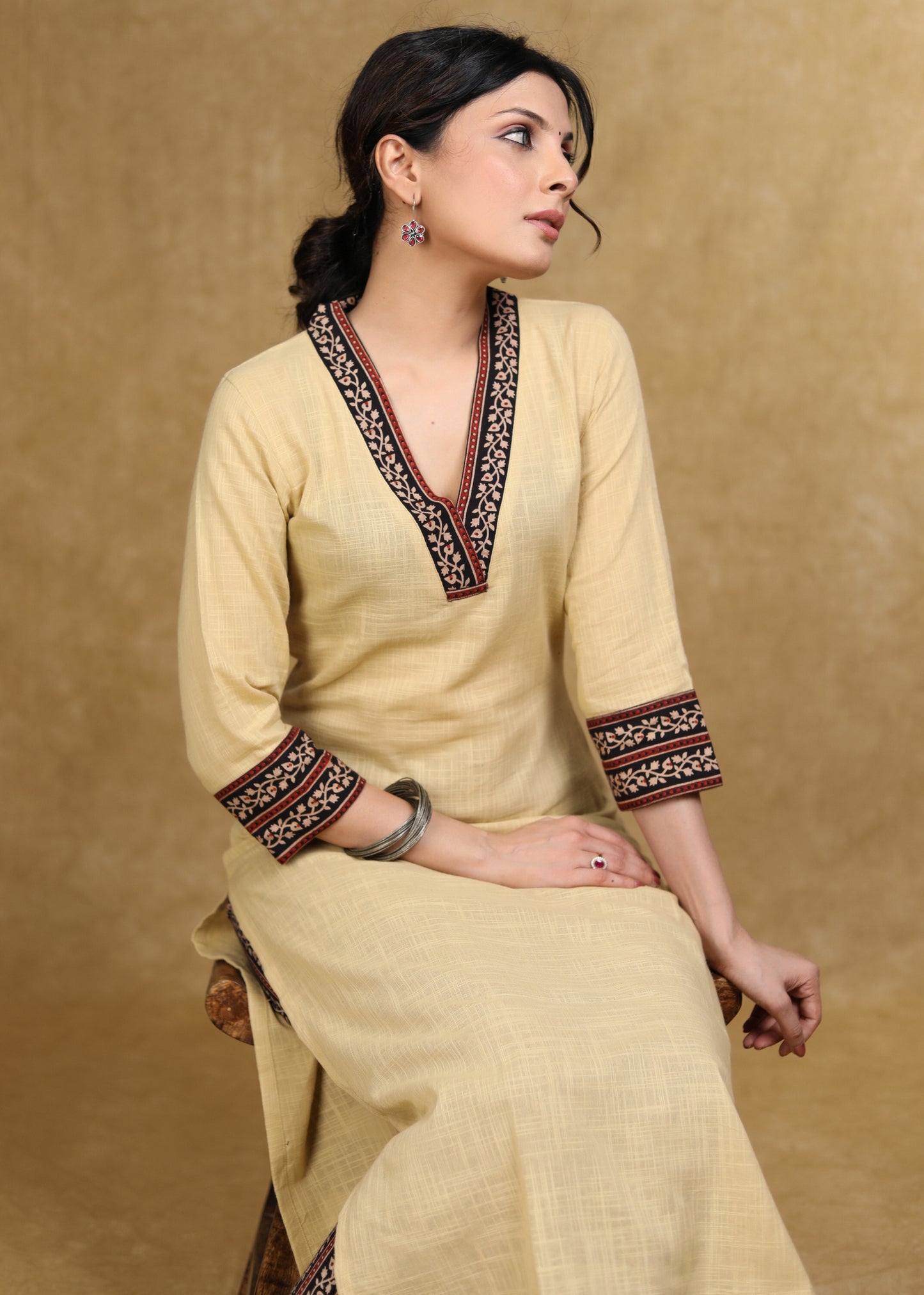 Classy Light Caramel Cotton Kurta with Ajrakh Combination
