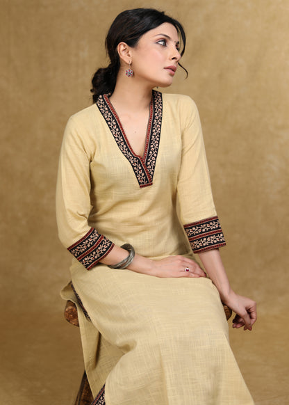 Classy Light Caramel Cotton Kurta with Ajrakh Combination