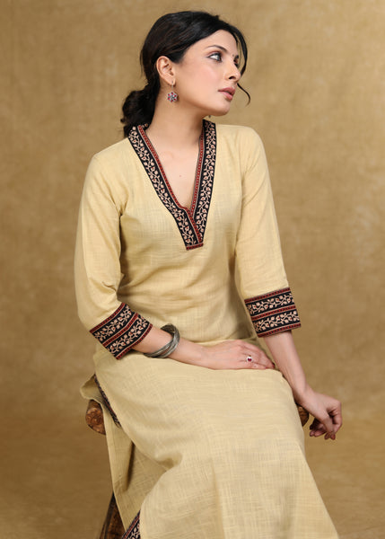 Classy Light Caramel Cotton Kurta with Ajrakh Combination