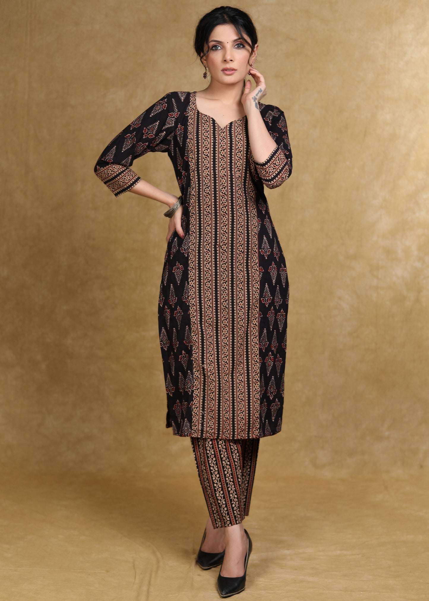 Black Cotton Ajrakh Combination Kurta