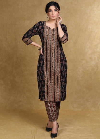 Black Cotton Ajrakh Combination Kurta