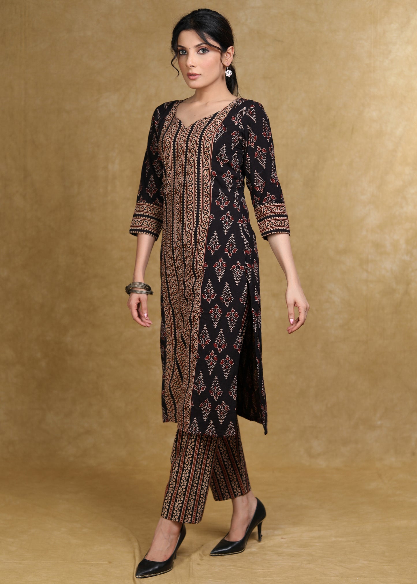 Black Cotton Ajrakh Combination Kurta