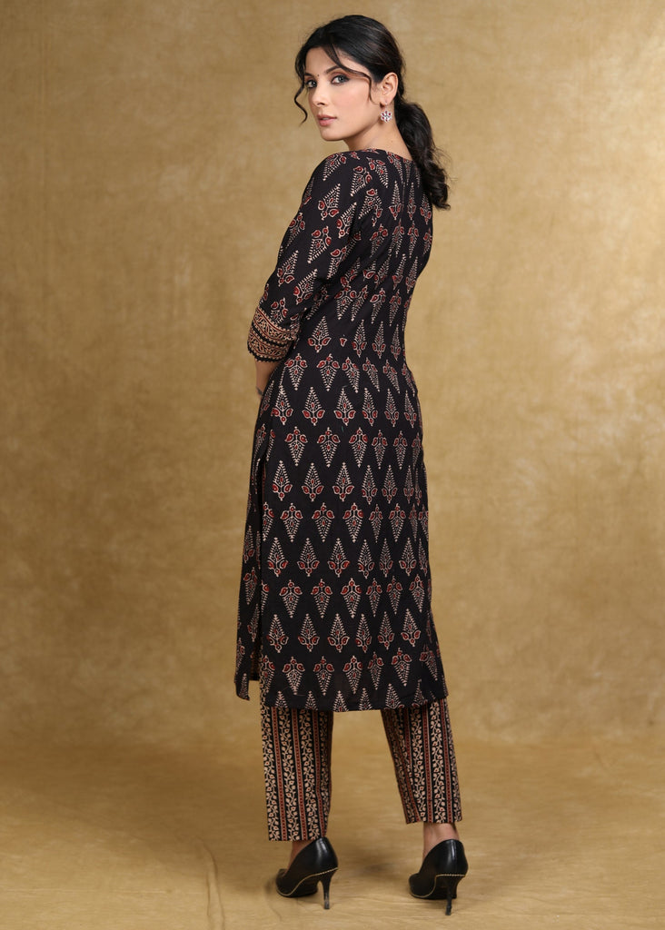 Black Cotton Ajrakh Combination Kurta