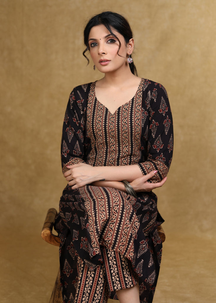 Black Cotton Ajrakh Combination Kurta