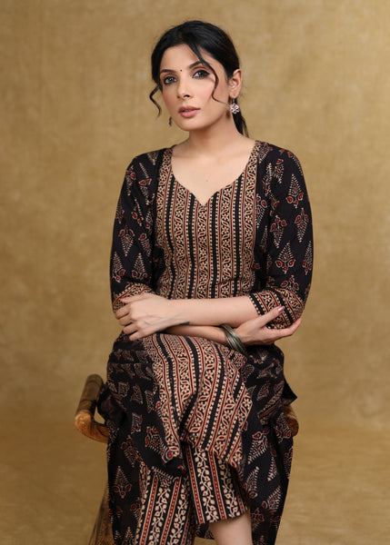 Black Cotton Ajrakh Combination Kurta