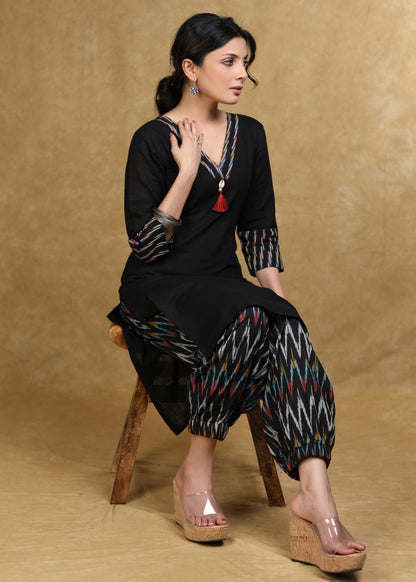 Classy Black Cotton Kurta with Ikat Combination