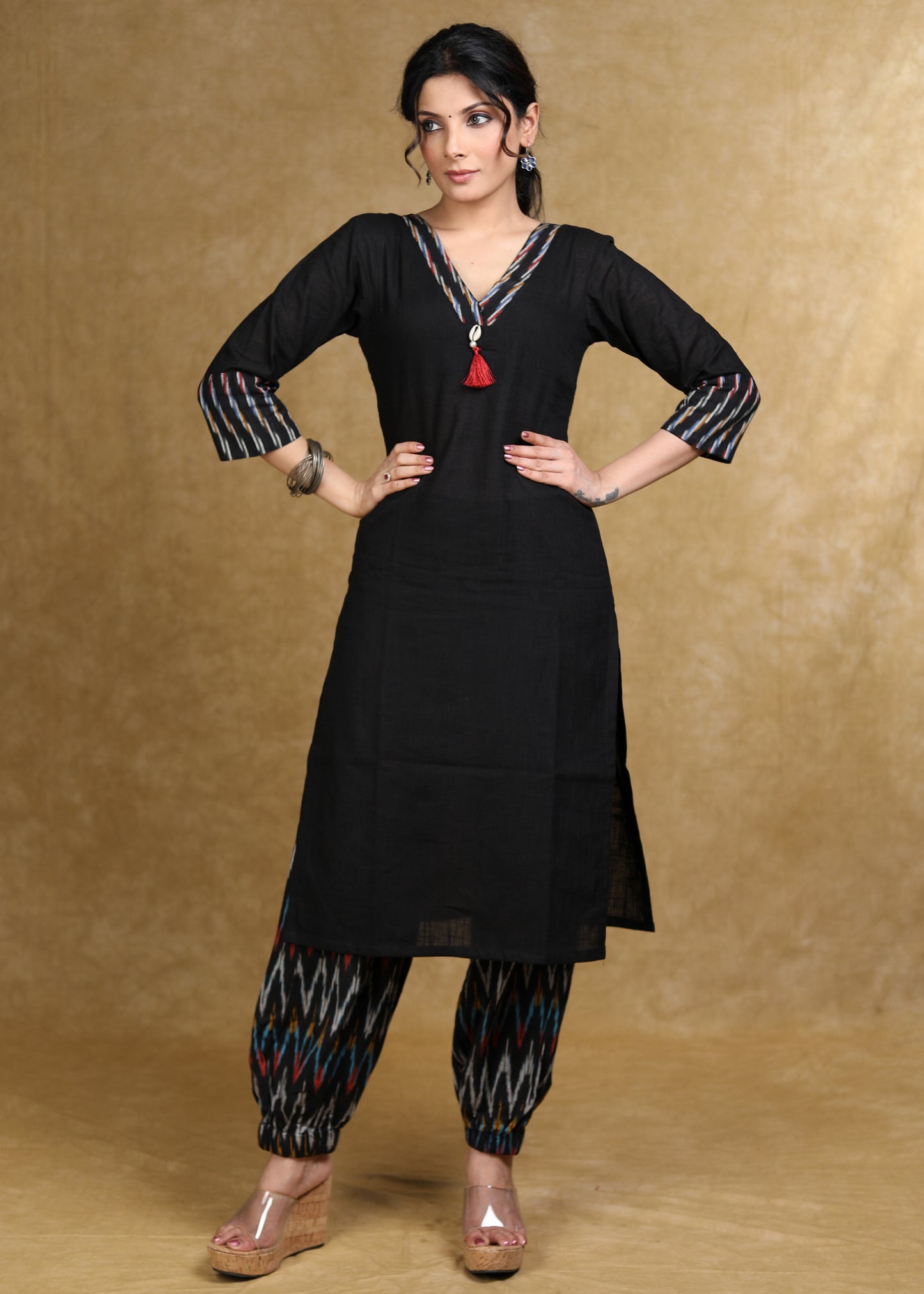 Classy Black Cotton Kurta with Ikat Combination