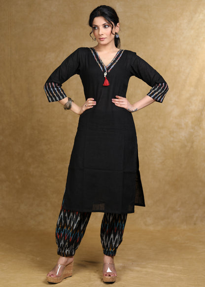 Classy Black Cotton Kurta with Ikat Combination