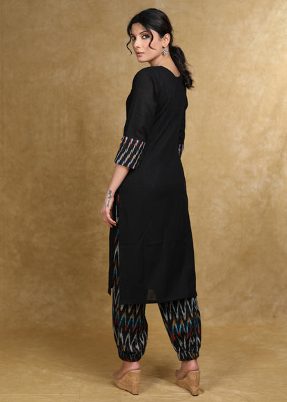 Classy Black Cotton Kurta with Ikat Combination