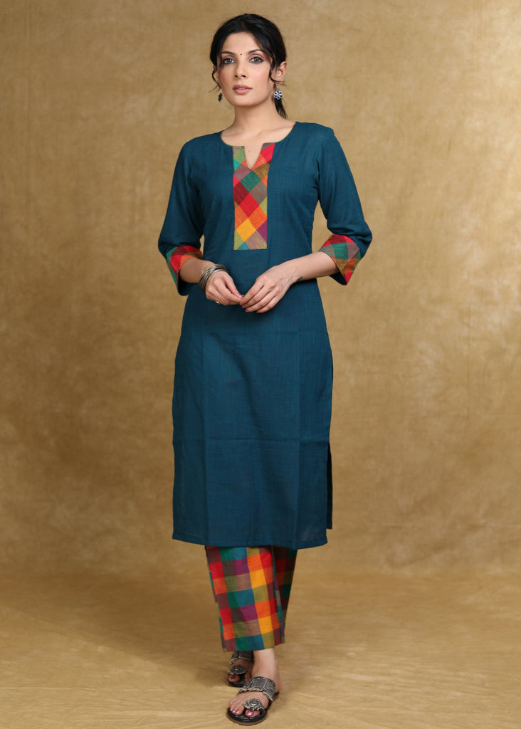 Smart Teal Cotton Kurta with Multicolor Checks Combination