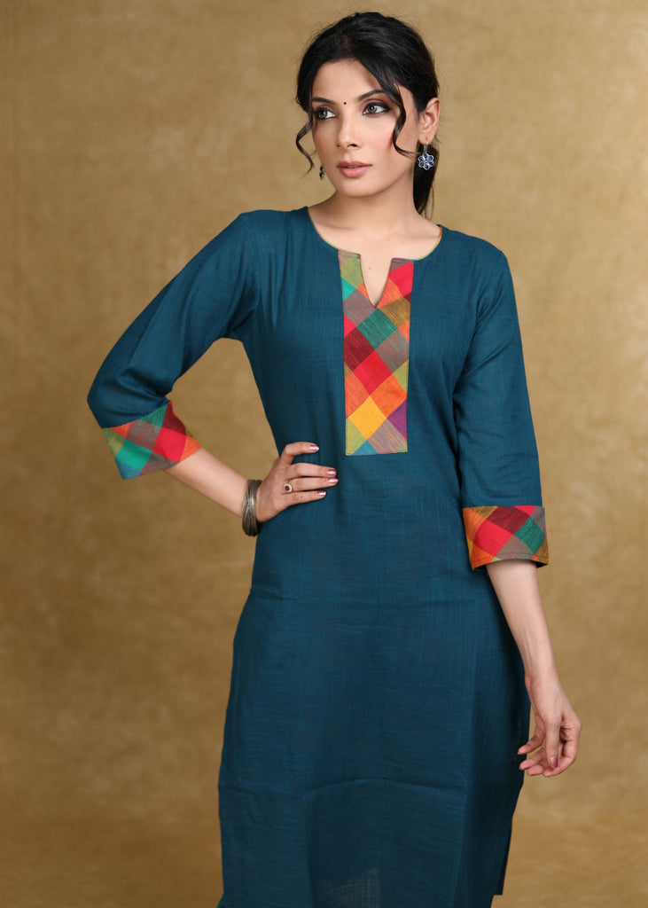 Smart Teal Cotton Kurta with Multicolor Checks Combination