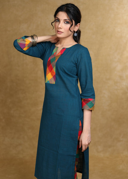 Smart Teal Cotton Kurta with Multicolor Checks Combination