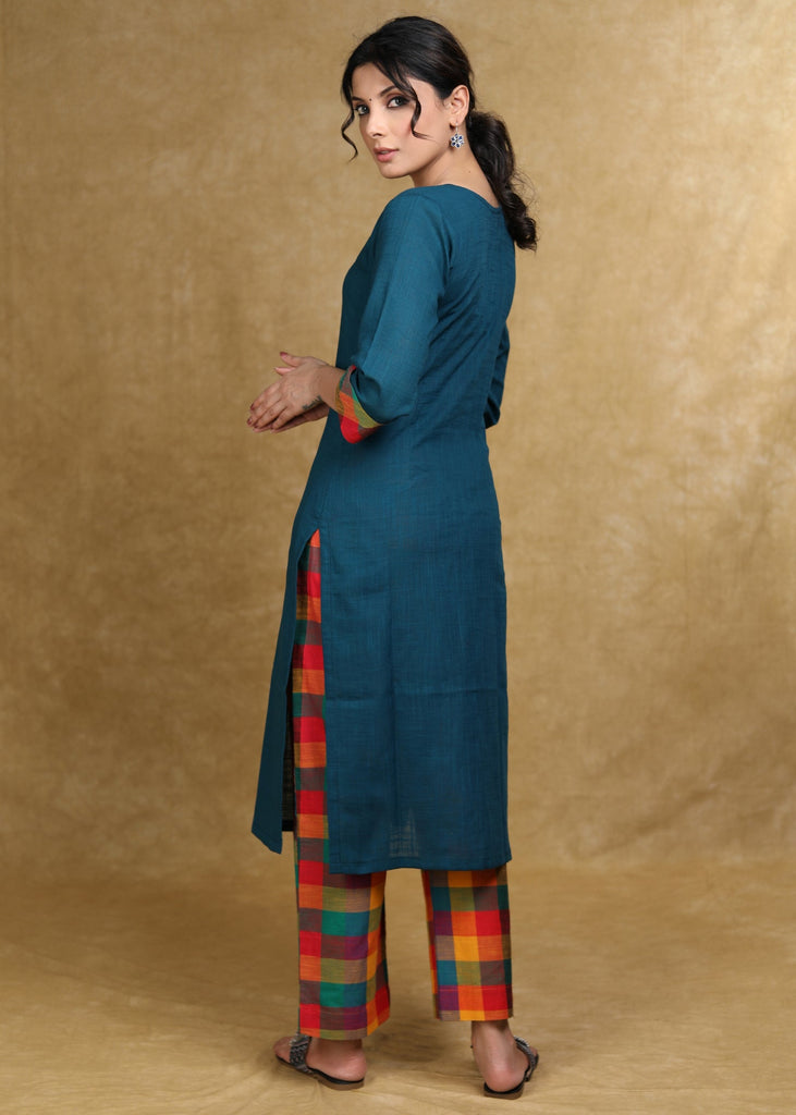 Smart Teal Cotton Kurta with Multicolor Checks Combination