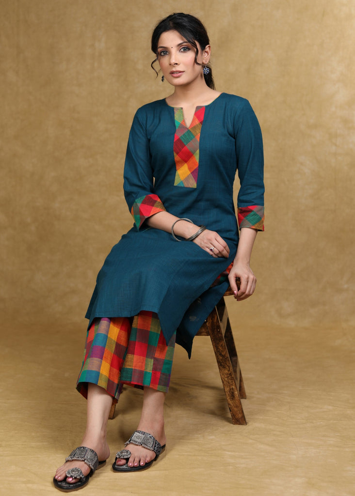 Smart Teal Cotton Kurta with Multicolor Checks Combination