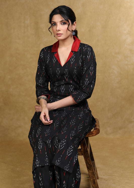 Trendy Black Ikat Kurta with Contrast Collar - Coord Pant Optional