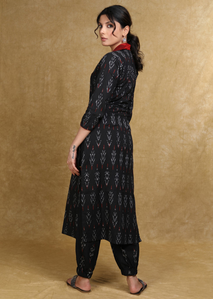 Trendy Black Ikat Kurta with Contrast Collar - Coord Pant Optional