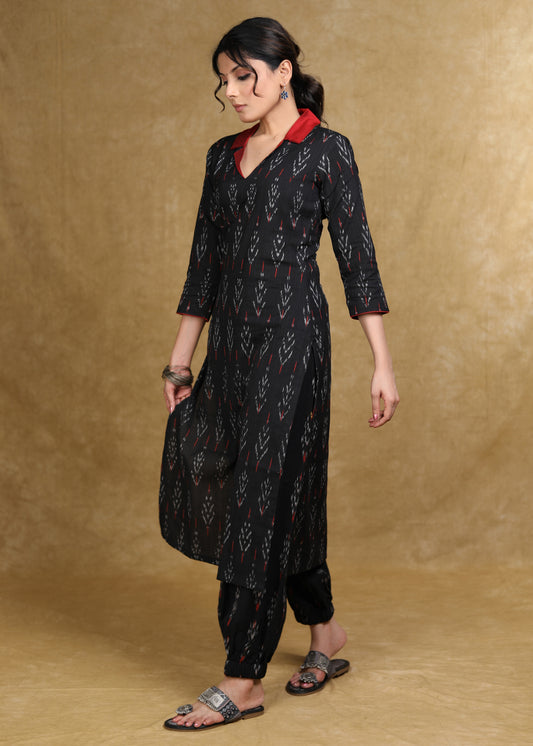 Trendy Black Ikat Kurta with Contrast Collar - Coord Pant Optional