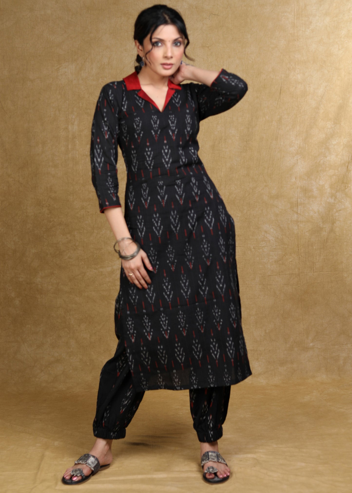 Trendy Black Ikat Kurta with Contrast Collar - Coord Pant Optional