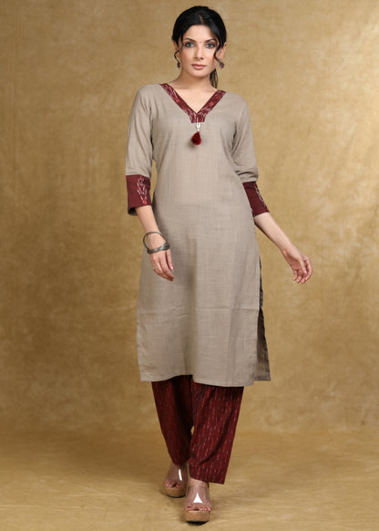 Smart Beige Kurta with Maroon Ikat Combination
