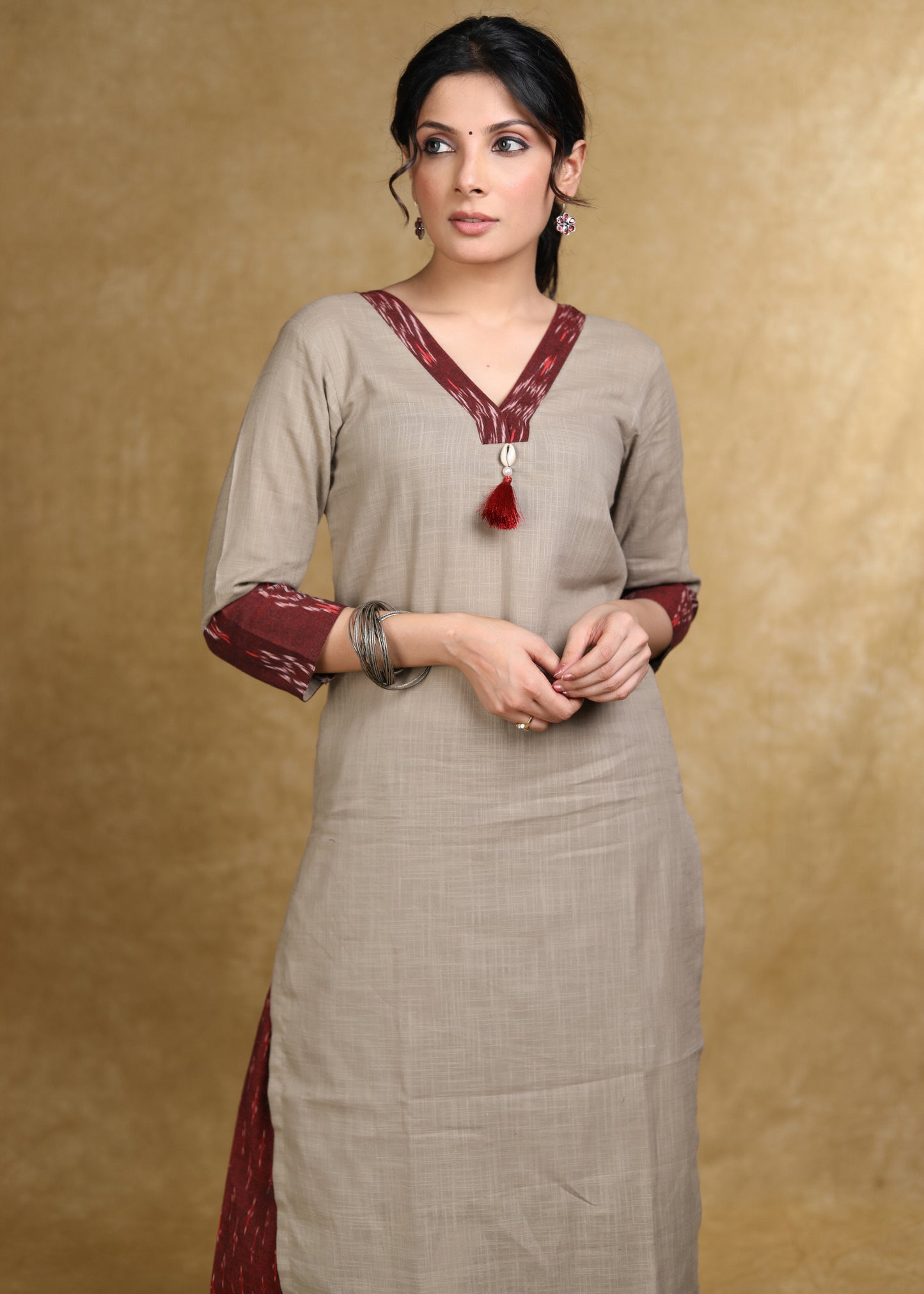 Smart Beige Kurta with Maroon Ikat Combination