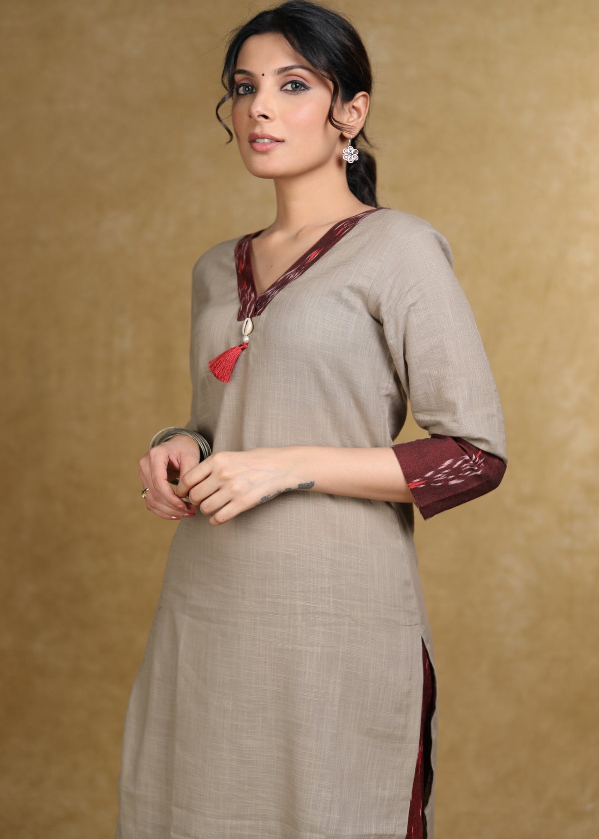 Smart Beige Kurta with Maroon Ikat Combination - Pant Optional