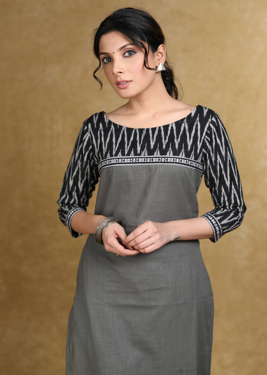 Smart Gray Cotton Kurta with Black Ikat Combination