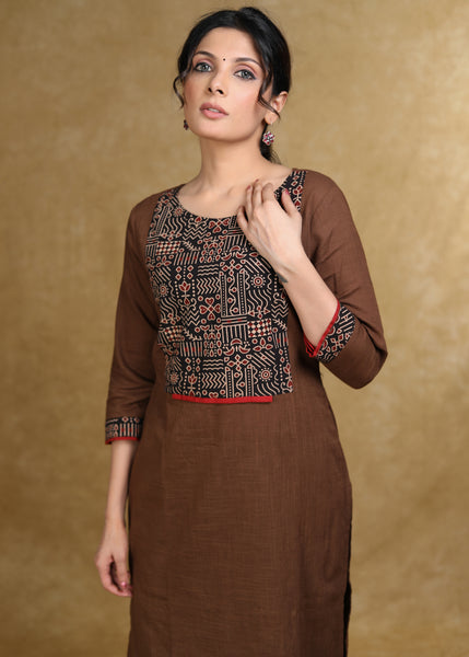 Trendy Coffee Brown Cotton Kurta with Ajrakh Yoke