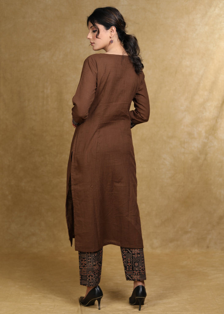 Trendy Coffee Brown Cotton Kurta with Ajrakh Yoke