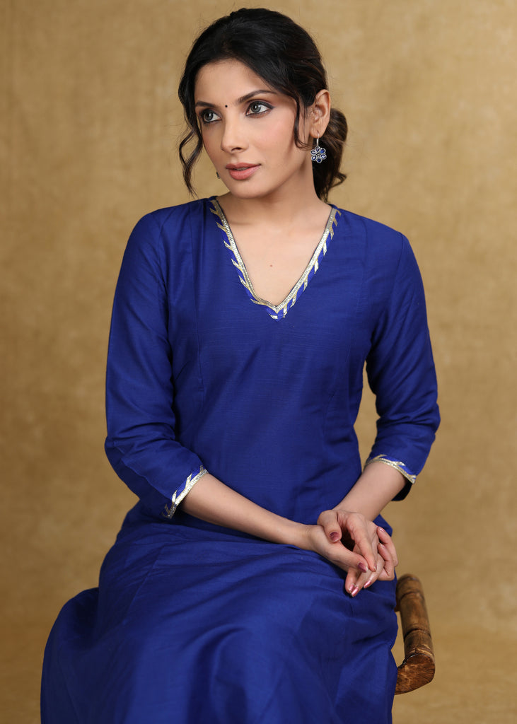 Ethnic Royal Blue Cotton Silk A-Line Kurti Highlighted with Gotta Patti - Coord Pant Optional