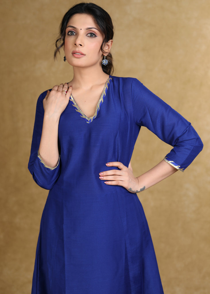 Ethnic Royal Blue Cotton Silk A-Line Kurti Highlighted with Gotta Patti - Coord Pant Optional
