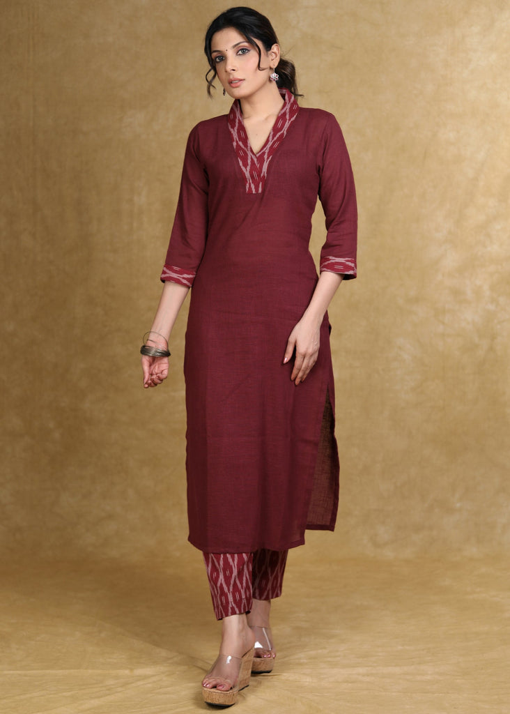 Smart Maroon Cotton Kurta with Ikat Detailing
