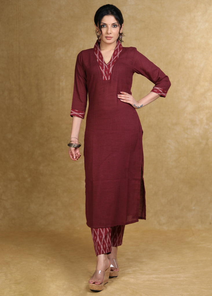 Smart Maroon Cotton Kurta with Ikat Detailing