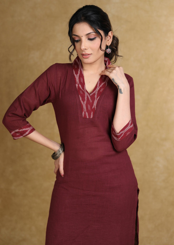 Smart Maroon Cotton Kurta with Ikat Detailing