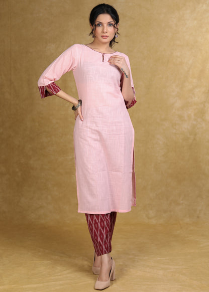 Elegant Baby Pink Cotton Kurta with Contrast Ikat Detailing