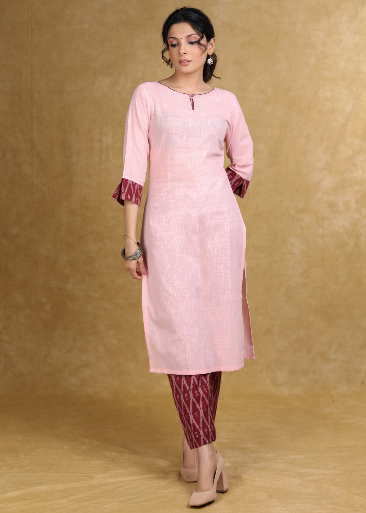 Dussehra Sale — Elegant Baby Pink Cotton Kurta with Contrast Ikat Detailing - Pant Optional